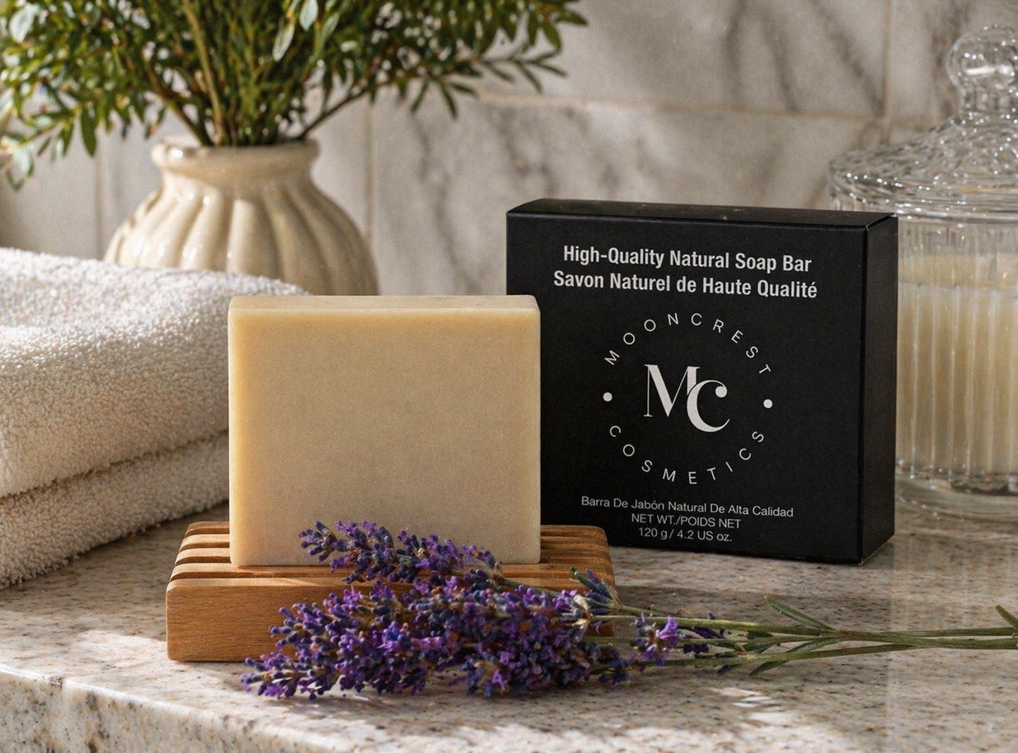Mooncrest Cosmetics soap bar with packaging on a marble surface with lavender and candles.