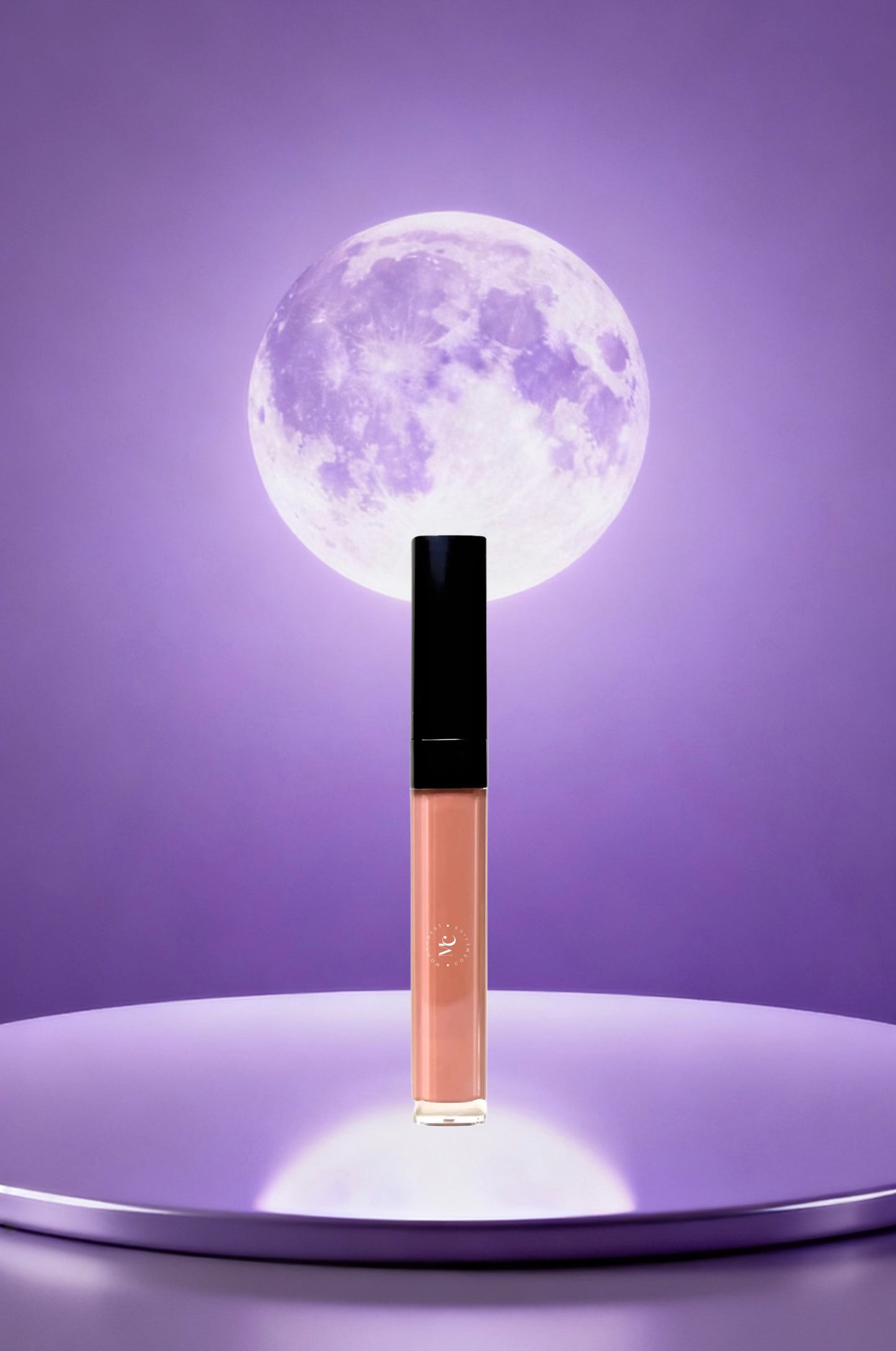 Lip gloss with a moon-like design on a purple background