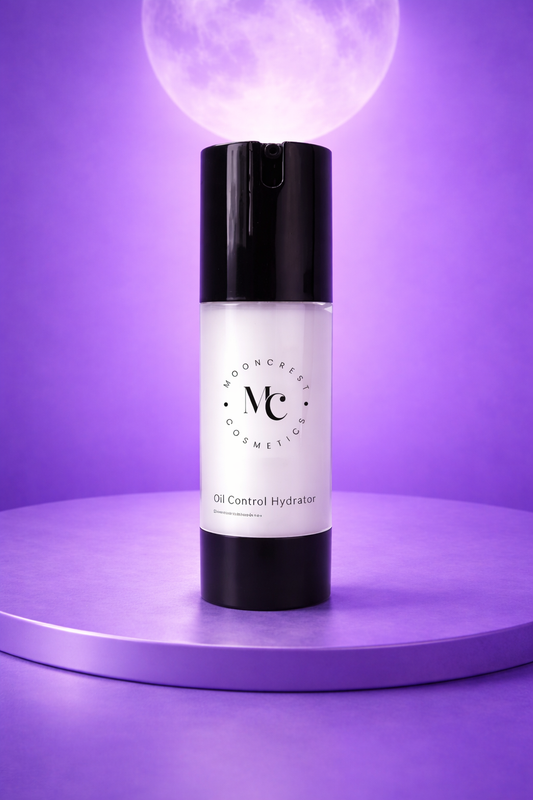 Skincare bottle labeled 'MC' on a purple platform with a purple background